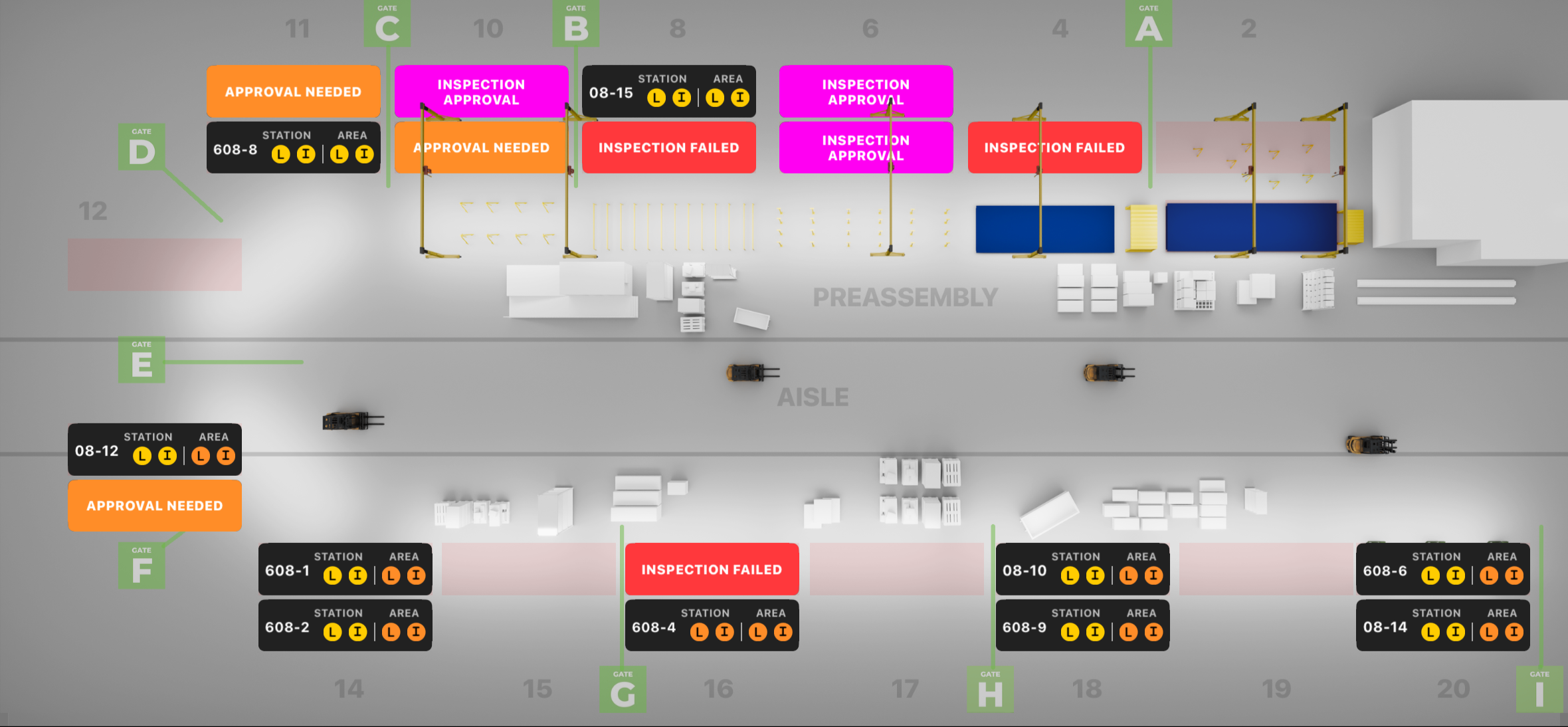 Factory floor map on iPad showing station and area status for each module.